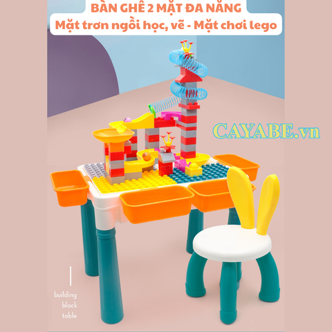 Bàn ghế cho bé mầm non hai mặt chơi Lego CAYABE Holla tai thỏ - Size M (40x30 cm)