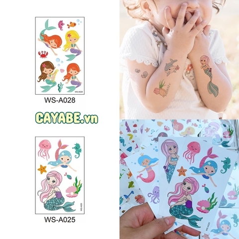 Set 10 tấm sticker hơn 80 hình xăm tattoo cho trẻ em mực sinh học an toàn nàng tiên cá Mermaid