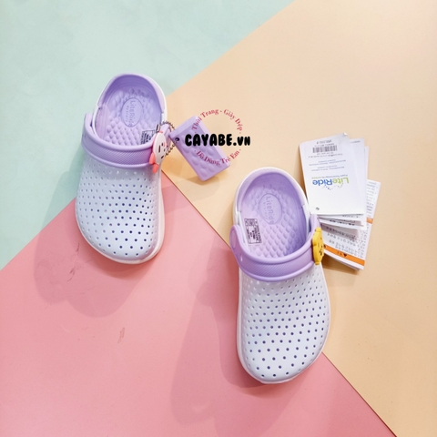 Giày Crocs LiteRide trẻ em xanh nhạt lót tím quai gắn nút