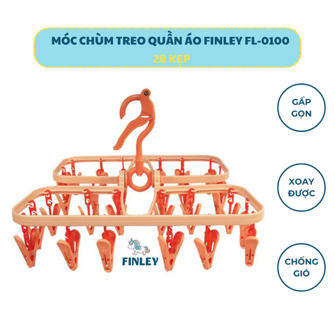 Móc chùm treo quần áo FINLEY gấp gọn, xoay 360 độ, 3 màu (28 kẹp)