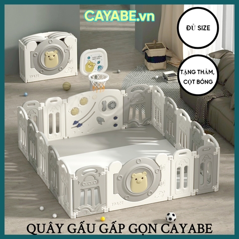 Quây cũi nhựa cho bé gấp gọn CAYABE gấu Bear phi hành vũ trụ cùng tên lửa màu xám trắng (tặng kèm thảm, bóng)