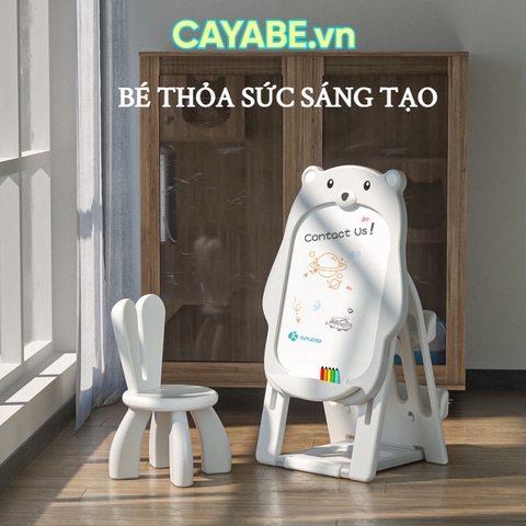 Bảng vẽ cho bé thông minh kèm ghế ngồi CAYABE gấu Bear xám trắng gấp gọn, điều chỉnh được độ cao (tặng bộ nam châm chữ cái, bút viết bảng, bông lau bảng)