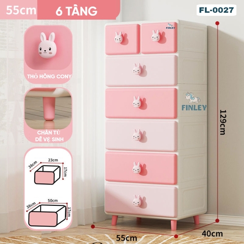 Tủ kệ nhựa 4 - 5 - 6 tầng thỏ hồng Cony ngăn kéo FINLEY (size L ngang 55cm) đựng quần áo, bỉm sữa, đồ dùng CAYABE cho bé và gia đình