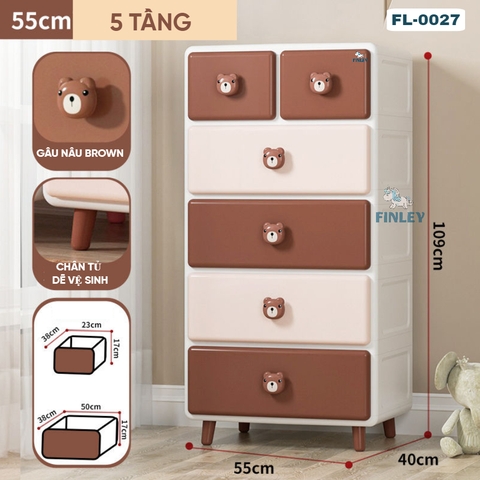 Tủ kệ nhựa 4 - 5 - 6 tầng gấu nâu Brown ngăn kéo FINLEY (size L ngang 55cm) đựng quần áo, bỉm sữa, đồ dùng CAYABE cho bé và gia đình