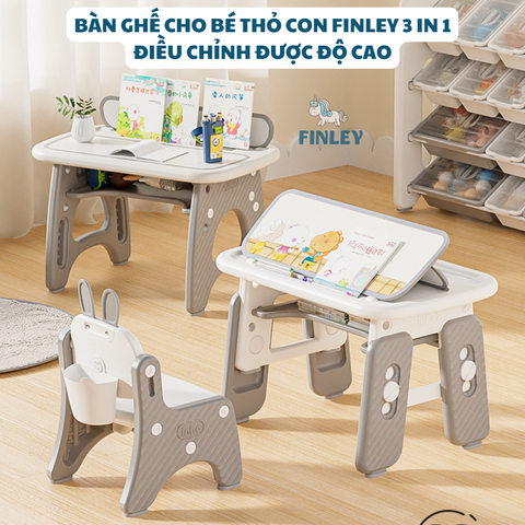 Bộ bàn ghế nhựa - bảng vẽ cho bé FINLEY hình thỏ con 3 in 1 cho bé ngồi học, vẽ, ăn và chơi (nâng hạ được độ cao tới 11 tuổi) màu trắng xám - FL-0042