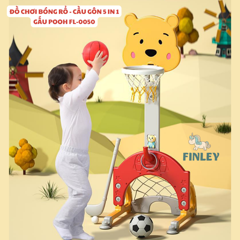 Bộ đồ chơi vận động cầu gôn - bóng rổ - bóng đá - ném vòng FINLEY cho bé 5 in 1 gấu Pooh màu vàng - xanh lá - FL-0050