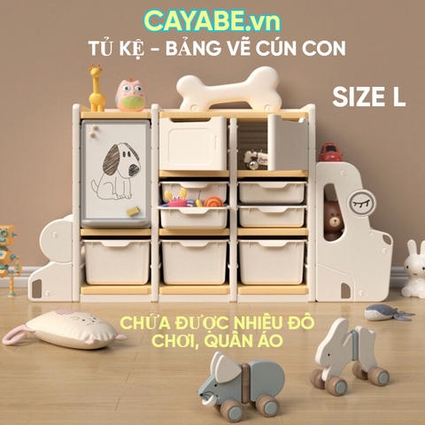 Tủ kệ nhựa - bảng vẽ đa năng đựng đồ chơi, quần áo hình cún con CAYABE màu trắng xám cho bé (Size S/ M/ L)