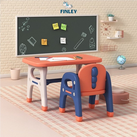 Bộ bàn ghế nhựa cho bé mầm non FINLEY hình khủng long Dino cho bé ngồi học, vẽ, ăn và chơi màu cam - vàng - FL-0041