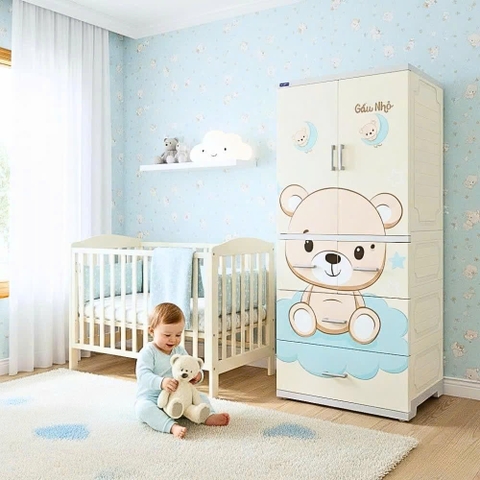Tủ nhựa cho bé 4 tầng gấu Cute Bear (Size ngang 70 cm) treo quần áo, đựng đồ dùng