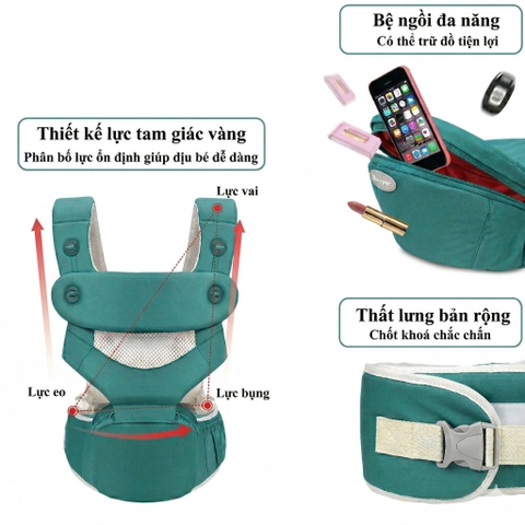 Địu ngồi em bé HONPER cao cấp 9 tư thế màu xanh lá