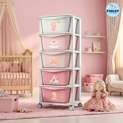Tủ nhựa ngăn kéo 5 tầng FINLEY hoạt hình (Ngang 34cm) đựng quần áo, đồ dùng, đồ chơi cho bé và gia đình (FL-0224-5T) - CÔNG CHÚA HỒNG