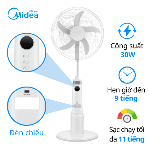 Quạt đứng sạc điện Midea MFS18ODOBPW, 30W, 11h dùng