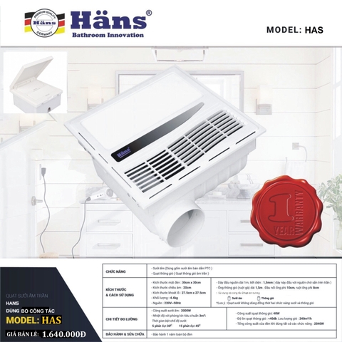 Quạt Thông Gió Kèm Sưởi Âm Trần Công Tắc HANS HA-S Hàng Chính Hãng