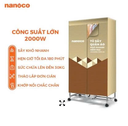 Tủ sấy quần áo Nanoco Model NCD2006, màu vàng nâu, công suất 2000W, (sức chứa ≤ 30kg)