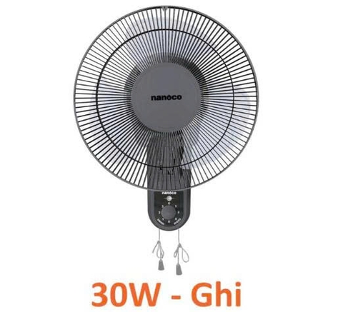 Quạt treo tường Nanoco NWF1218GR 30W, Xám, Dây giật