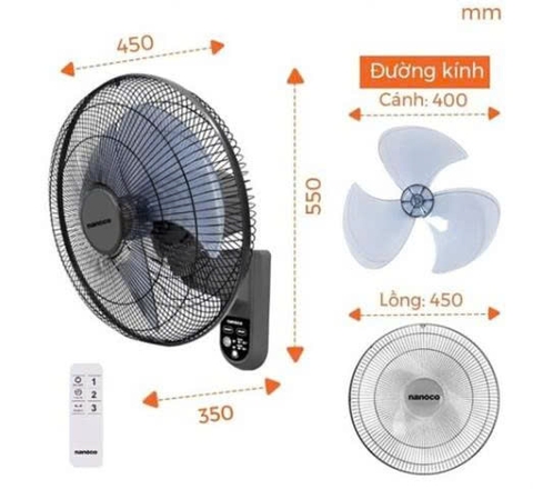 Quạt treo tường Nanoco NWF1615RC-GR 47W, Xám, Có Remote