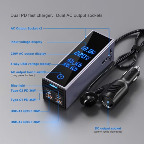 Bộ chuyển nguồn tẩu sạc ô tô 12V sang 220V công suất cao 300W