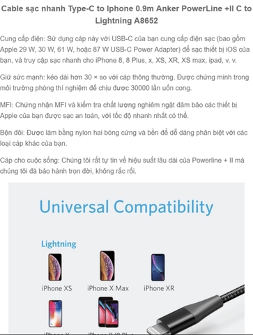 Cáp Anker Powerline +II C to Lightning A8652 0.9m