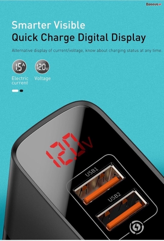 Củ sạc nhanh 2 USB PD3.0/QC 3.0 Baseus Mirror Lake PPS Digital Display Quick Charger 18W
