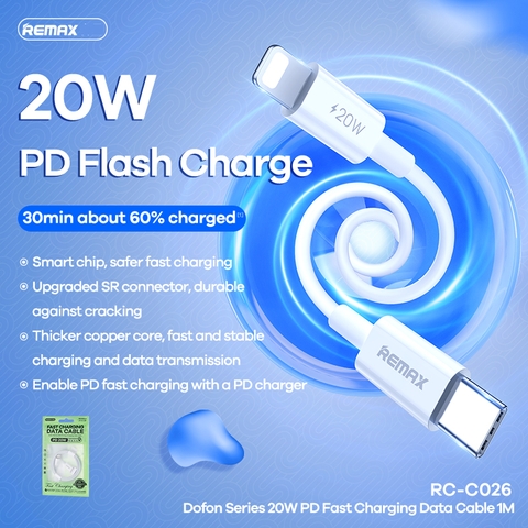 Cáp sạc nhanh Type C to Lightning 20W Remax RC-026