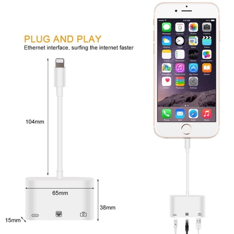 Hub OTG 3 trong 1 cổng Lightning + USB A + RJ45 Ethernet LAN dành cho iPhone iPad