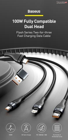 Cáp sạc nhanh 3 đầu Baseus Flash Series 3 in1 Plus (USB+ Type C to Micro+Lightning + Type C, 100W Quick Charge and Data Cable)