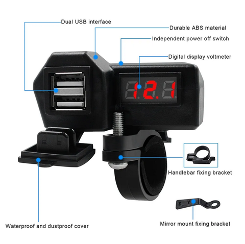 Bộ sạc điện thoại gắn xe máy 2 cổng USB có màn hình LED