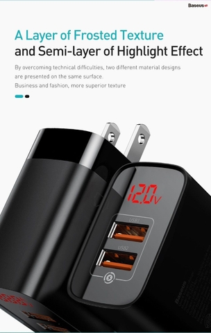 Củ sạc nhanh 2 USB PD3.0/QC 3.0 Baseus Mirror Lake PPS Digital Display Quick Charger 18W