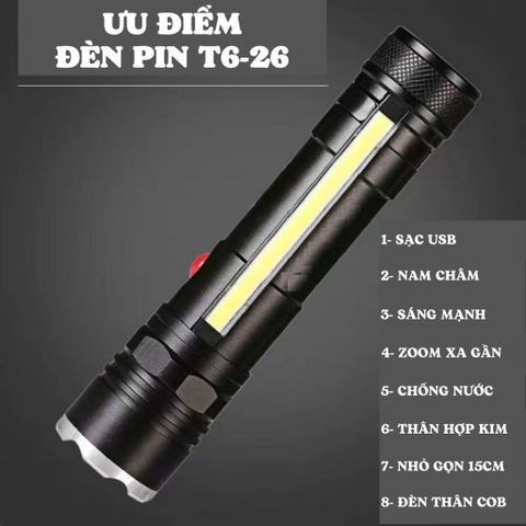 Đèn pin T6-26 Led Cob siêu sáng đa năng