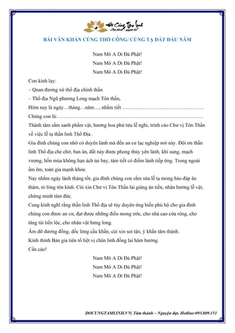 BÀI VĂN KHẤN CÚNG THỔ CÔNG - TẠ ĐẤT (ĐẦU NĂM)