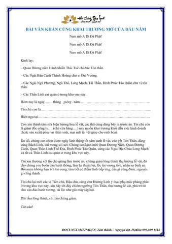 BÀI VĂN KHẤN CÚNG KHAI TRƯƠNG MỞ CỬA ĐẦU NĂM