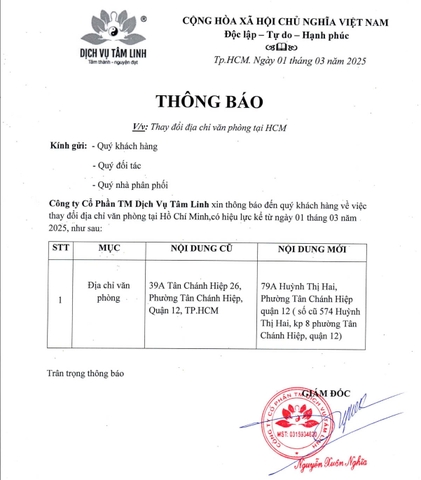 Dịch Vụ Tâm Linh Thông Báo Thay Đổi Địa Chỉ Văn Phòng & Kho Hồ Chí Minh