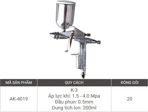 Asaki Súng phun sơn: 200ml
Áp lực khí: 1.5 - 4.0 Mpa AK-4019