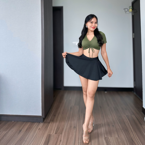 Đồ bơi nữ hai mảnh dáng váy xòe phối áo tay ngắn màu rêu | DỨA BIKINI & SPORTWEAR