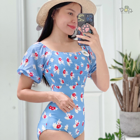 Đồ bơi nữ liền thân nhún ngực tay ngắn hoa nhí xanh | DỨA BIKINI & SPORTWEAR