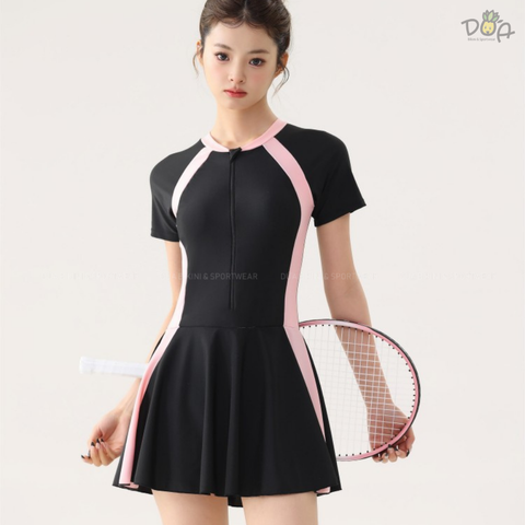 Đồ bơi nữ liền thân tay ngắn dạng váy sọc có khóa kéo trước ngực |  DỨA BIKINI & SPORTWEAR