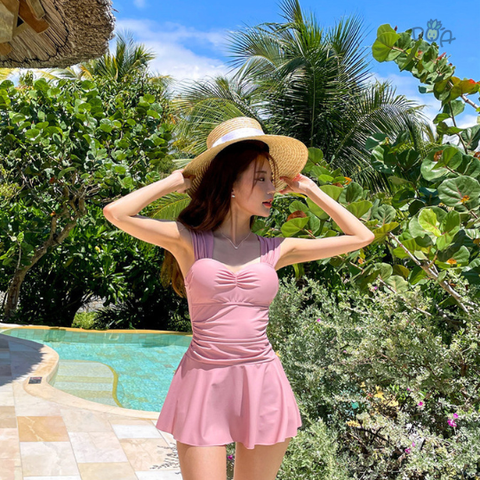 Đồ bơi nữ liền thân dáng váy xòe nhún ngực dây bảng to kín đáo | DỨA BIKINI & SPORTWEAR