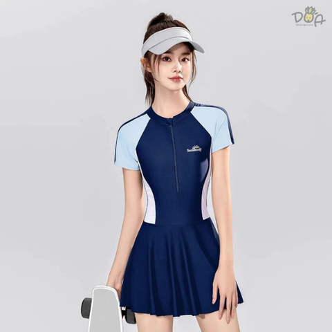 Đồ bơi nữ liền thân dạng váy tay ngắn cao cấp in chữ sunshiny | DỨA BIKINI & SPORTWEAR