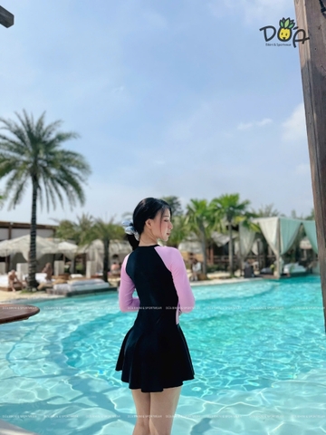 Berry Shine | Đồ bơi liền nữ hai mảnh tay dài váy phối màu hồng ngọt ngào | DỨA BIKINI &SPORTWEAR