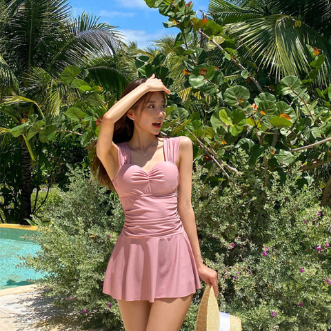 Đồ bơi nữ liền thân dáng váy xòe nhún ngực dây bảng to kín đáo | DỨA BIKINI & SPORTWEAR