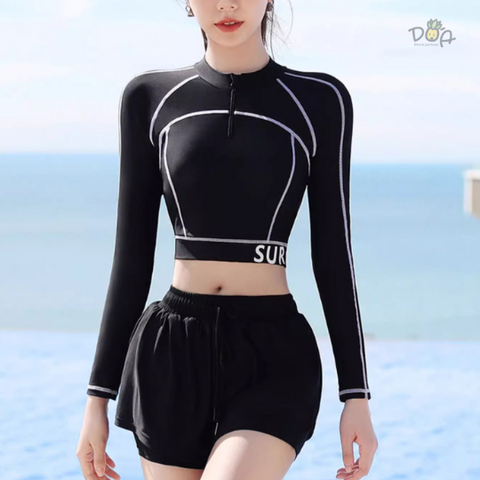Đồ bơi nữ hai mảnh tay dài. quần đùi hai lớp kín đáo đi bơi | DỨA BIKINI & SPORTWEAR