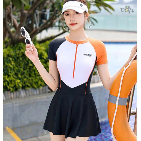 Đồ bơi nữ liền thân dáng váy tay ngắn swimming phối màu cam trắng | DỨA BIKINI & SPORTWEAR