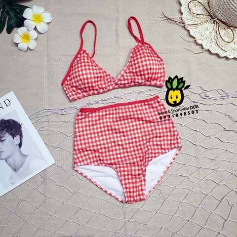 Bikini 2 mảnh cạp cao caro đỏ/ đen ( mút mỏng)