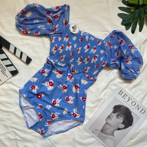 Đồ bơi nữ liền thân nhún ngực tay ngắn hoa nhí xanh | DỨA BIKINI & SPORTWEAR