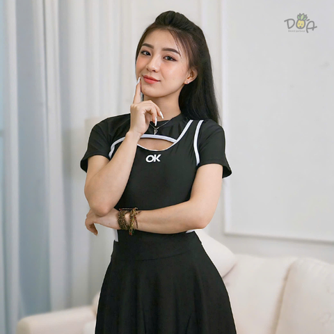 Đồ bơi nữ liền thân dáng liền quần tay ngắn phối trắng đen cao cấp | DỨA BIKINI & SPORTWEAR