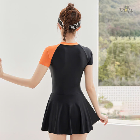 Đồ bơi nữ liền thân dáng váy tay ngắn swimming phối màu cam trắng | DỨA BIKINI & SPORTWEAR