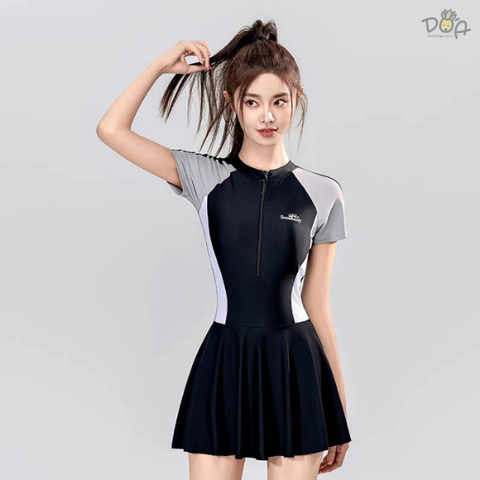 Đồ bơi nữ liền thân dạng váy tay ngắn cao cấp in chữ sunshiny | DỨA BIKINI & SPORTWEAR