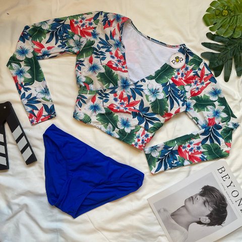 Đồ bơi nữ hai mảnh dáng tay dài họa tiết phối cùng quần xanh cạp thấp | DỨA BIKINI & SPORTWEAR