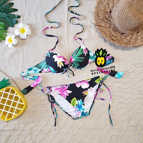 Bikini 2 mảnh cạp thấp hoa đen