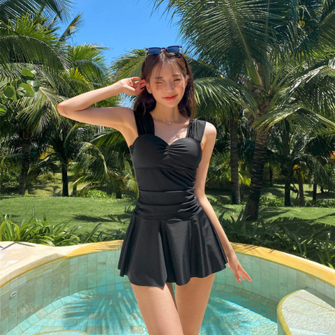 Đồ bơi nữ liền thân dáng váy xòe nhún ngực dây bảng to kín đáo | DỨA BIKINI & SPORTWEAR